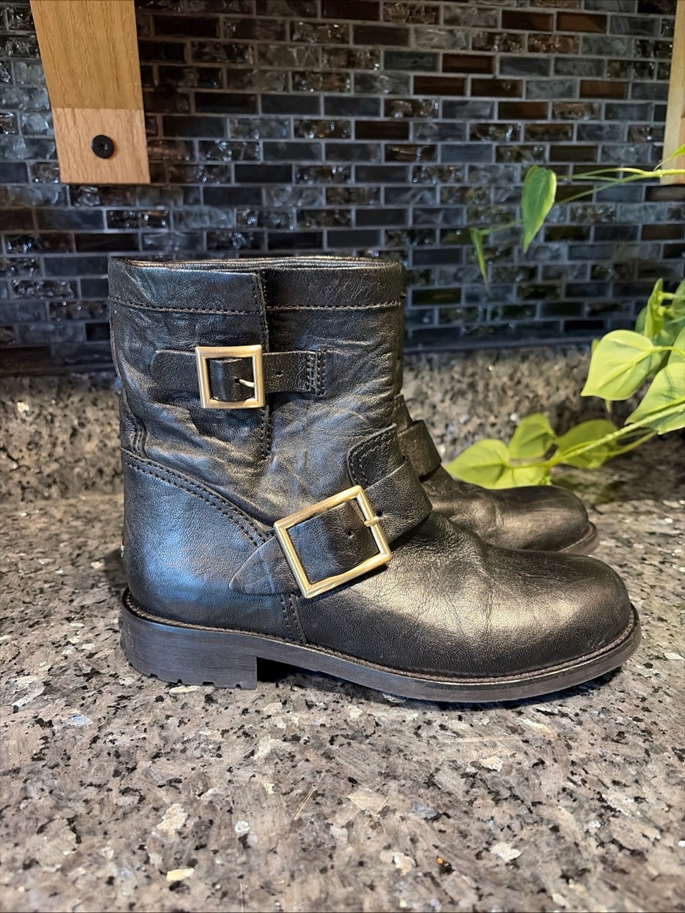 Jimmy Choo Black Leather Biker Ankle Boots Womens EU 36 Italy Slip On